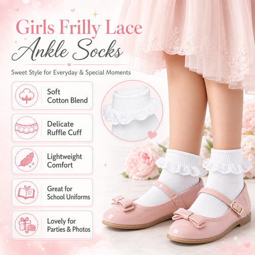 Sock Stack White Girls Tutu Frilly Ankle Socks With Lace And Bow 6 Pairs Cotton Rich
