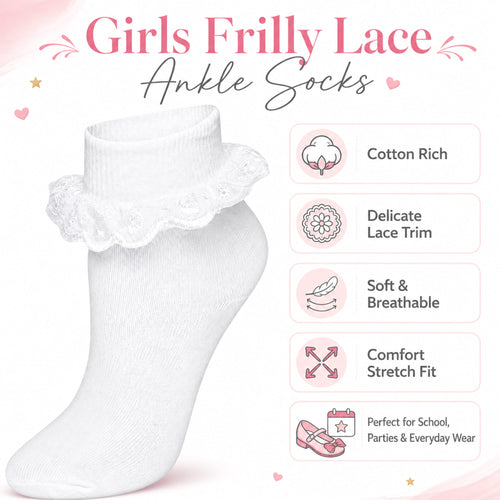 Sock Stack White Girls Tutu Frilly Ankle Socks With Lace And Bow 6 Pairs Cotton Rich