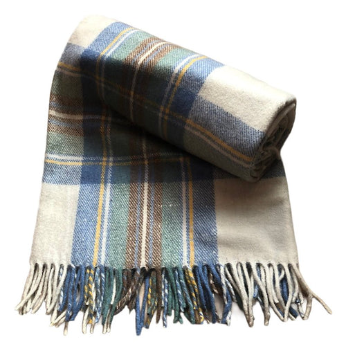 Stewart Muted Blue/Cream Recycled Wool Blanket in Soft Tartan Check