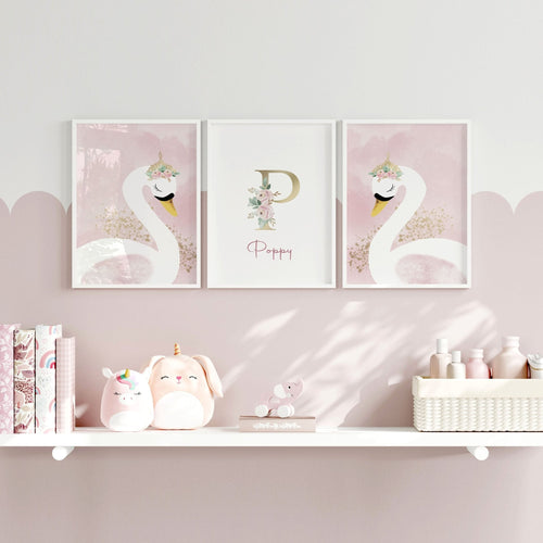 Girl Nursery Wall Decor | Pink Swan Prints Set of 3