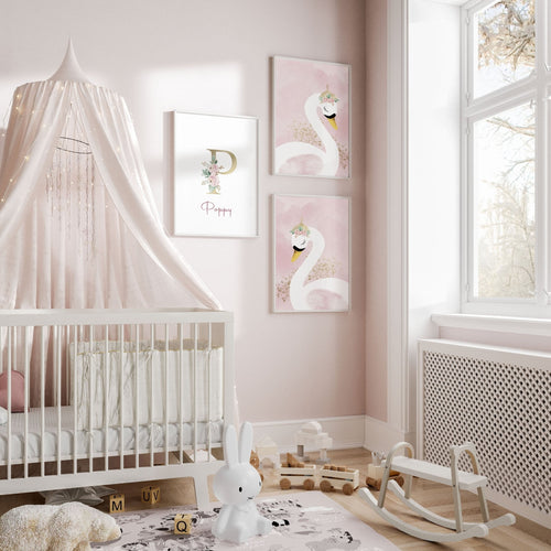 Girl Nursery Wall Decor | Pink Swan Prints Set of 3