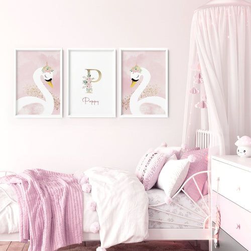 Girl Nursery Wall Decor | Pink Swan Prints Set of 3