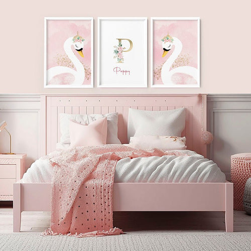 Girl Nursery Wall Decor | Pink Swan Prints Set of 3