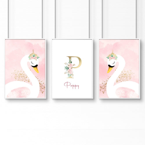 Girl Nursery Wall Decor | Pink Swan Prints Set of 3