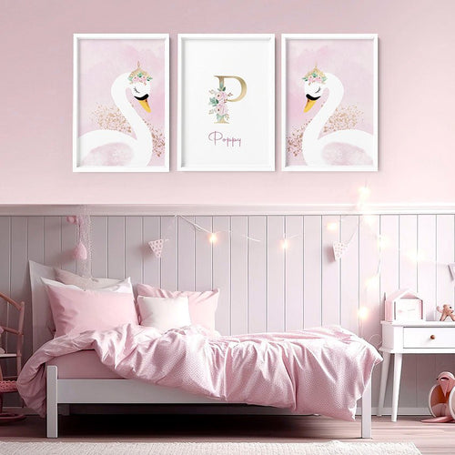 Girl Nursery Wall Decor | Pink Swan Prints Set of 3