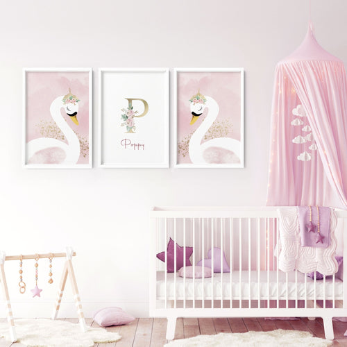 Girl Nursery Wall Decor | Pink Swan Prints Set of 3
