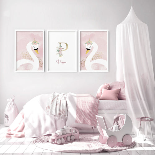 Girl Nursery Wall Decor | Pink Swan Prints Set of 3