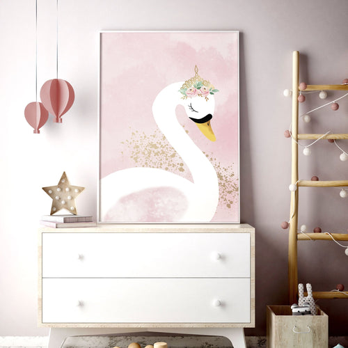 Girl Nursery Wall Decor | Pink Swan Prints Set of 3