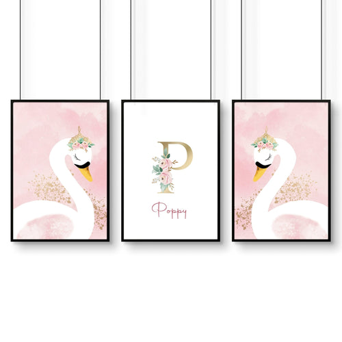 Girl Nursery Wall Decor | Pink Swan Prints Set of 3