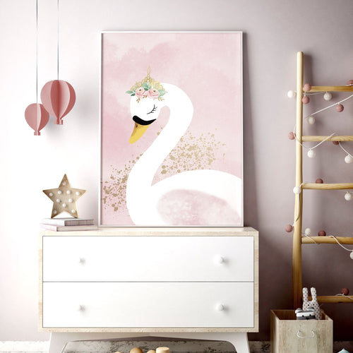 Girl Nursery Wall Decor | Pink Swan Prints Set of 3