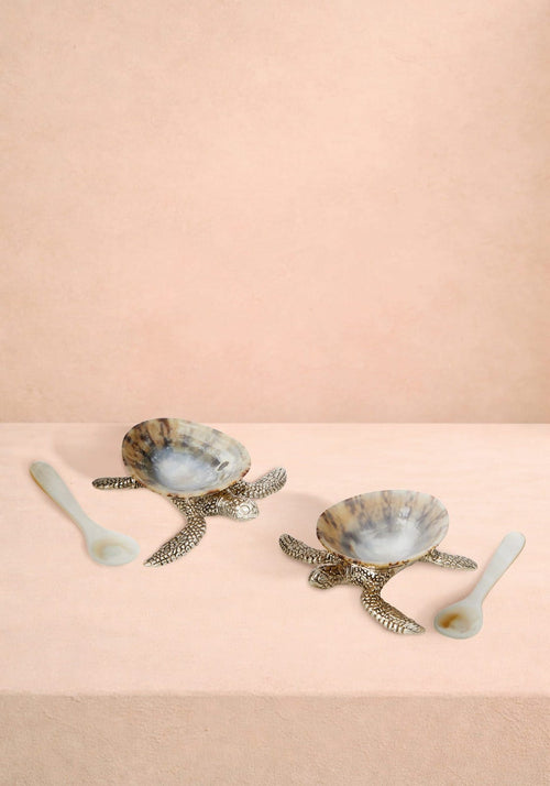 New Born Turtle Salt Cellar and Pepper Pots with Spoons - Pair