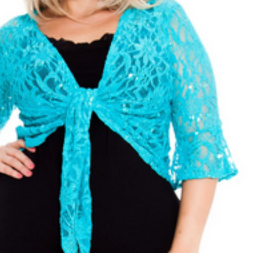 ROCKTHOSECURVES SEQUIN LACE 1/2 BELL SLEEVE TIE FRONT SHRUG / BOLERO JACKET