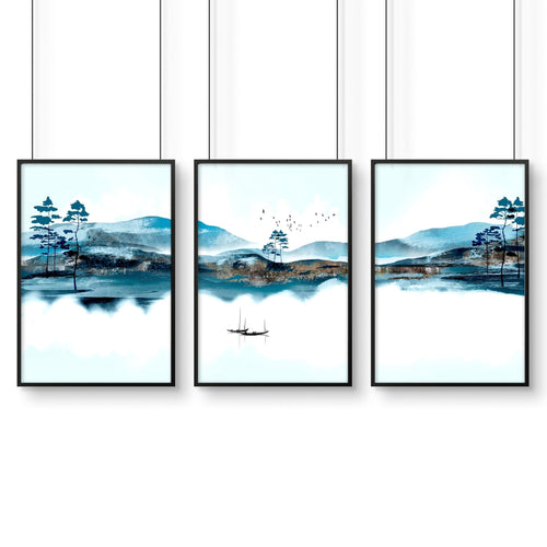 3 Wall Art Set – Teal Japanese Landscape Prints