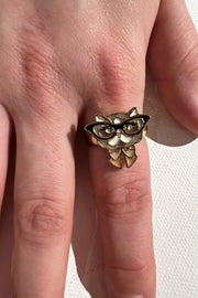 Cat with Glasses Enamelled Gold Ring