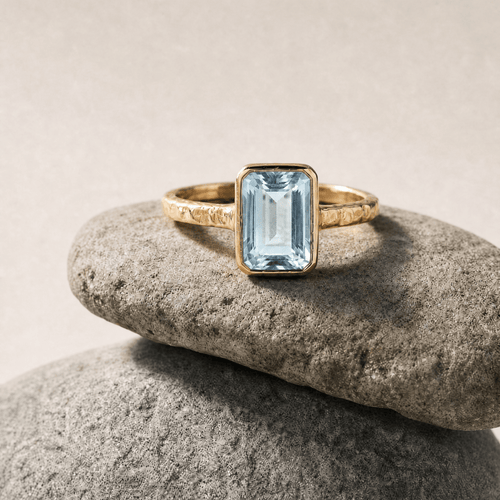 Tidewashed Sky Blue Topaz Ring – Octagonal Gemstone & Hammered Band