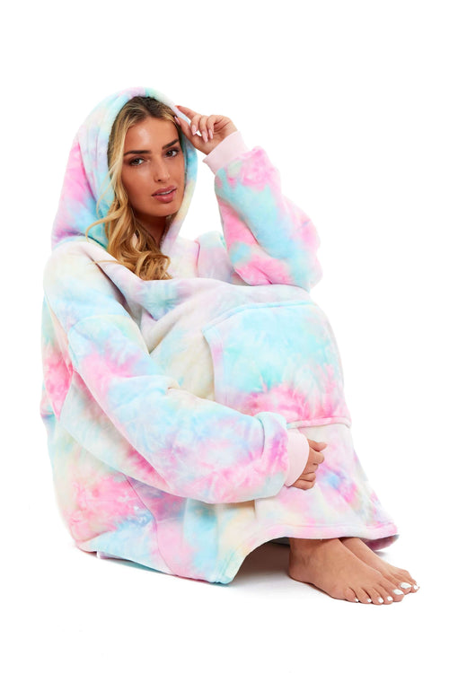 Daisy Dreamer Tie Dye Rainbow Oversized Hooded Plush Fleece Wearable Blanket Cotton Rich Everyday Comfort