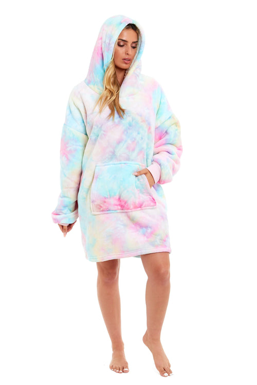 Daisy Dreamer Tie Dye Rainbow Oversized Hooded Plush Fleece Wearable Blanket Cotton Rich Everyday Comfort