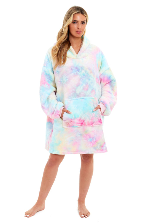 Daisy Dreamer Tie Dye Rainbow Oversized Hooded Plush Fleece Wearable Blanket Cotton Rich Everyday Comfort