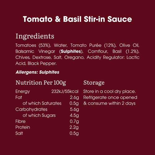 Tomato & Basil Stir-in Sauce 260g – Low FODMAP & Gluten Free