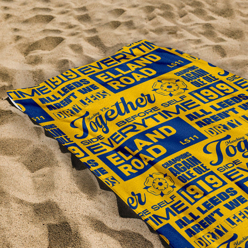 Leeds - Word Montage - Yellow & Blue Beach Towel - Microfibre Retro Beach Towel - 150cm x 75cm