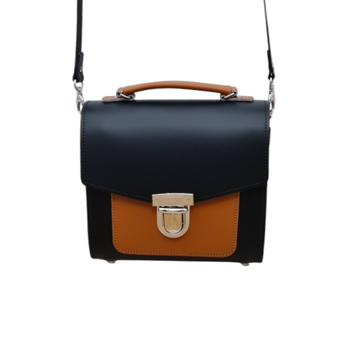 Handmade Leather Two Tone Sugarcube Handbag - Black & Burnt Orange