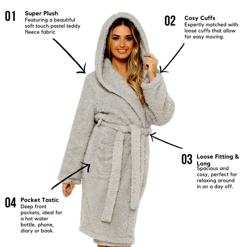 Daisy Dreamer Womens Grey Teddy Fleece Hooded Bath Robe Ultra Soft Premium Loungewear