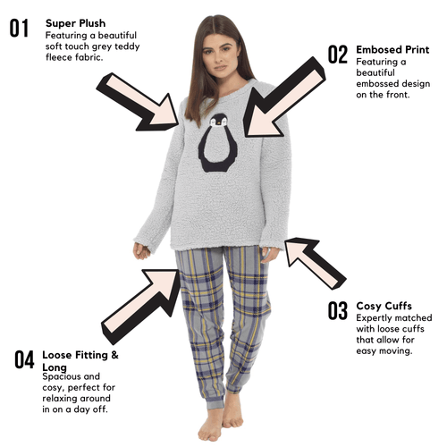 Daisy Dreamer Womens Teddy Fleece Pyjama Set Penguin Design Ultra Soft Cosy Sleepwear
