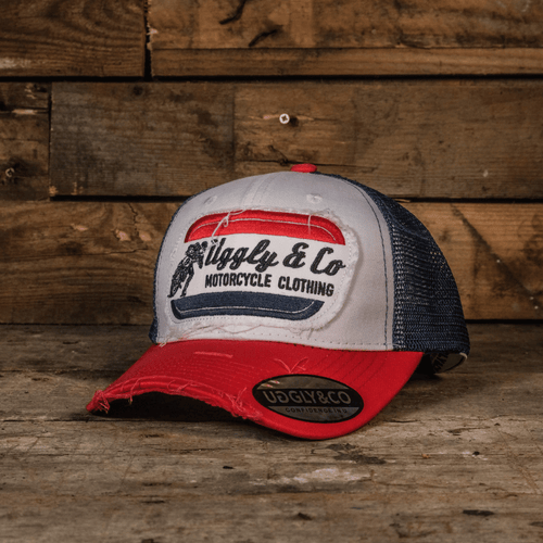 White & Red Flat Track Trucker Hat
