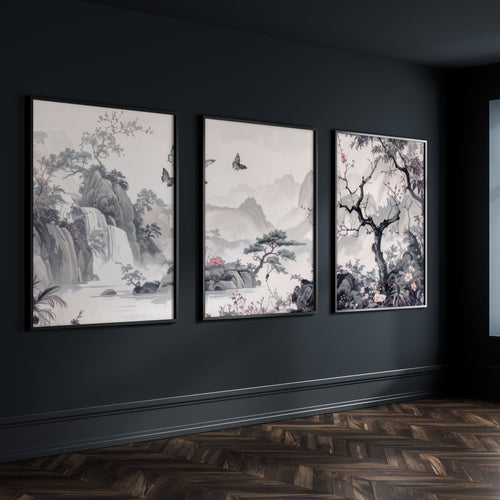 Wall Art For Living Room Large | Set of 3 Chinoiserie Wall art Prints