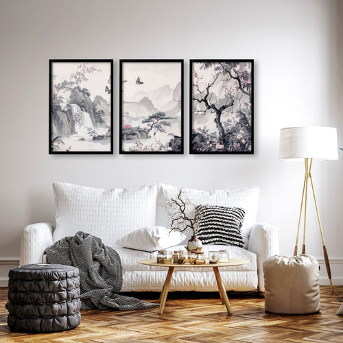 Wall Art For Living Room Large | Set of 3 Chinoiserie Wall art Prints