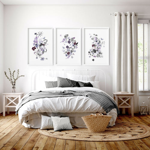 Set of 3 Wall Art for Bedroom – Shabby Chic Botanical Prints