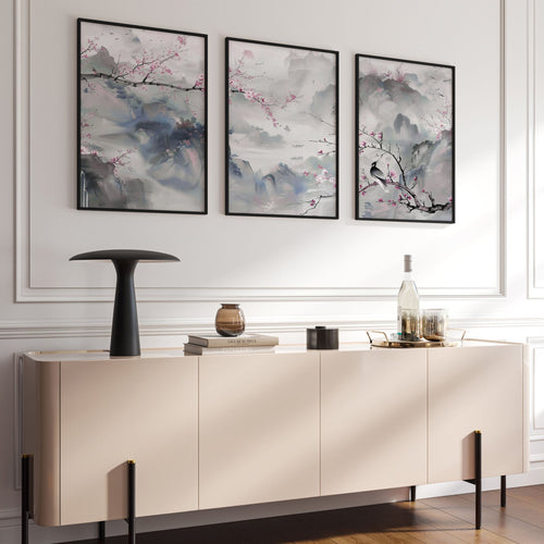 Wall Art Living Room Large | Set of 3 Chinoiserie Wall art Prints