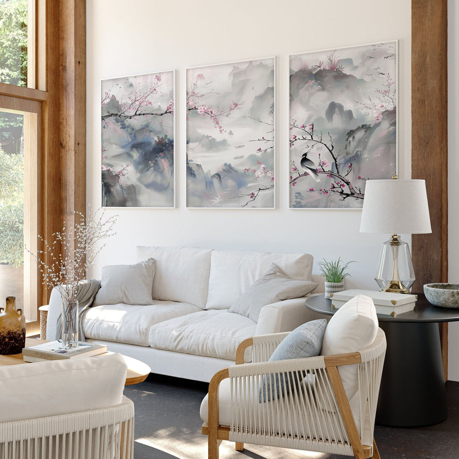 Wall Art Living Room Large | Set of 3 Chinoiserie Wall art Prints