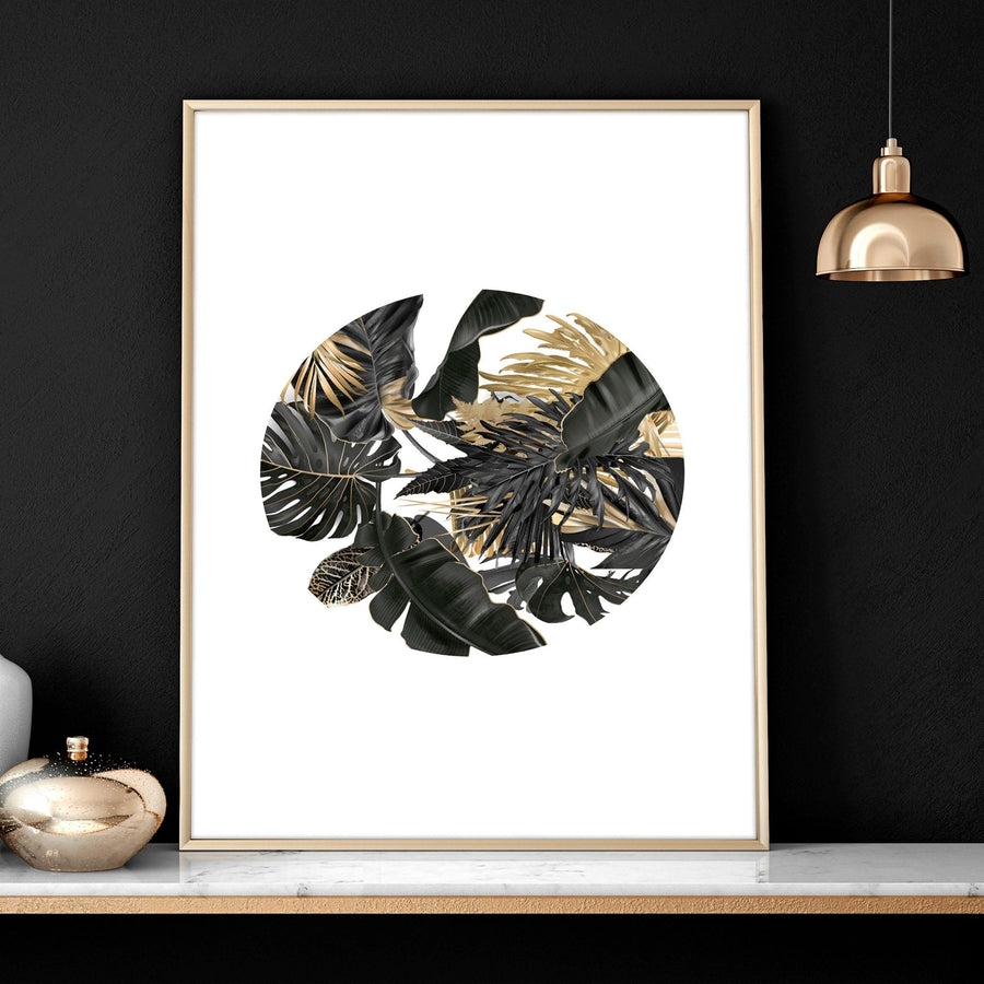 Wall art with gold for living room | set of 3 Tropical wall art prints