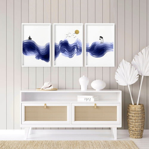 Nautical Wall Art Set of 3 Prints | Blue Wave Decor