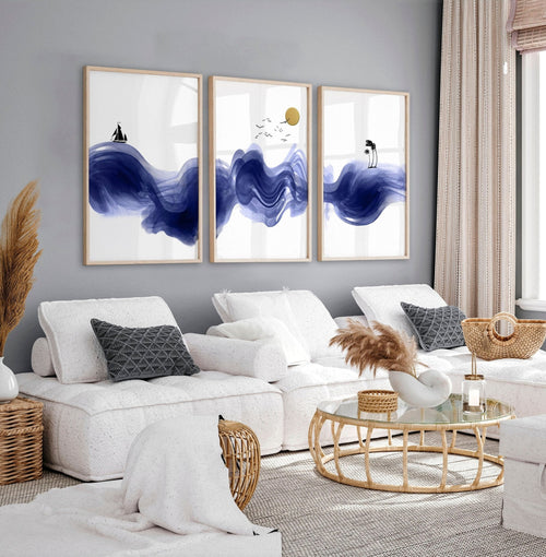 Nautical Wall Art Set of 3 Prints | Blue Wave Decor