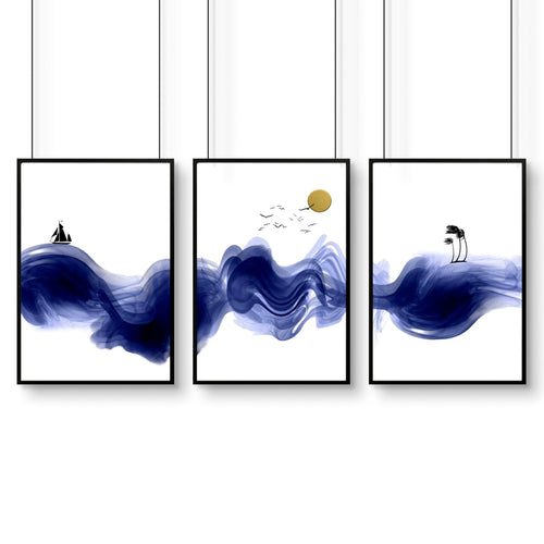 Nautical Wall Art Set of 3 Prints | Blue Wave Decor
