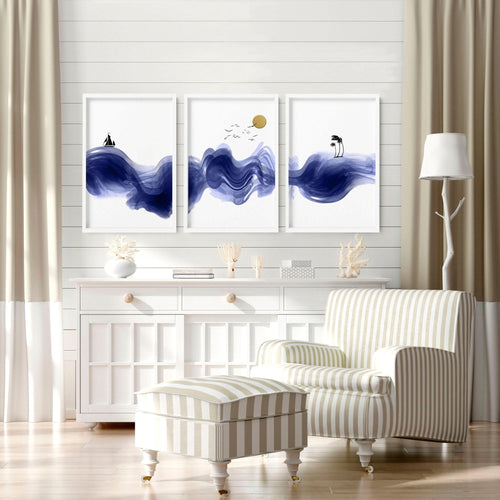 Nautical Wall Art Set of 3 Prints | Blue Wave Decor