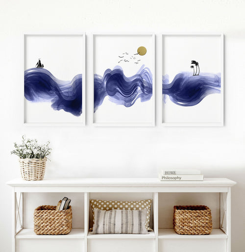 Nautical Wall Art Set of 3 Prints | Blue Wave Decor