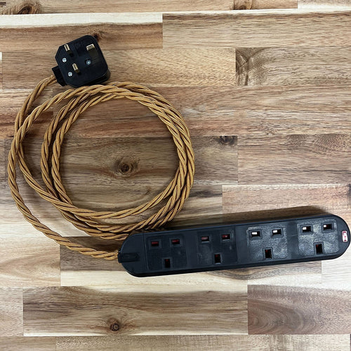 Brown / Gold / Yellow Braided Fabric Decorative Extension Lead - 4 Gang Black Trailing Socket