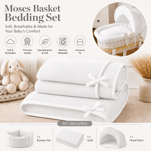 White Waffle Moses Basket Bedding Set (Basket Not Included!)
