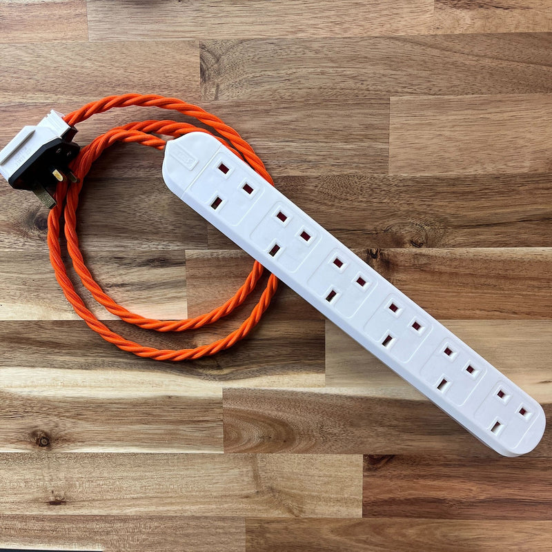 Orange / Pink / Red Braided Fabric Decorative Extension Lead - White 6 Gang Trailing Socket