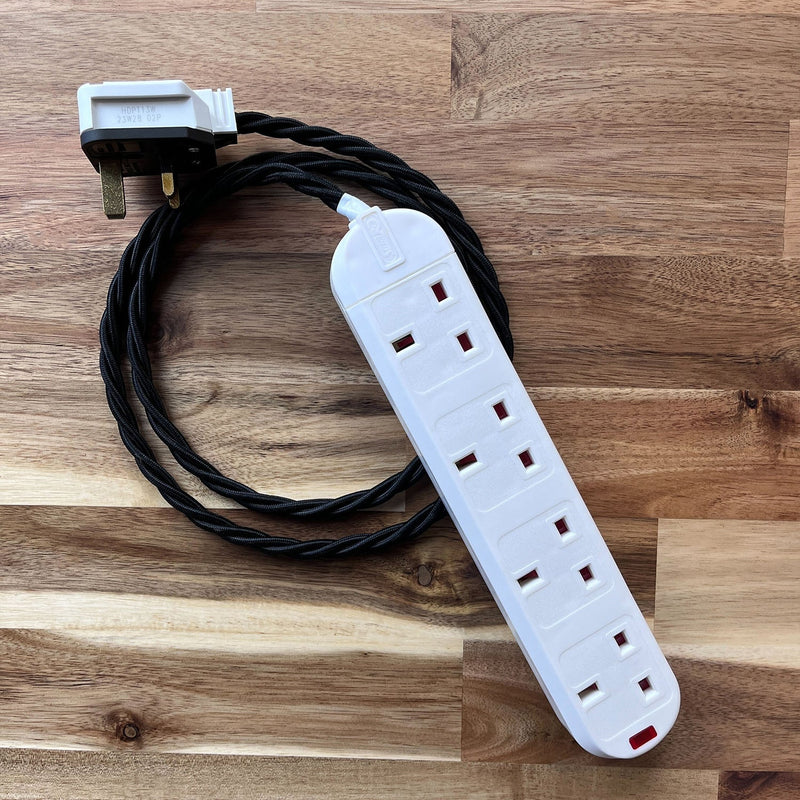 Black / Grey / White Braided Fabric Decorative Extension Lead - White 4 Gang Trailing Socket