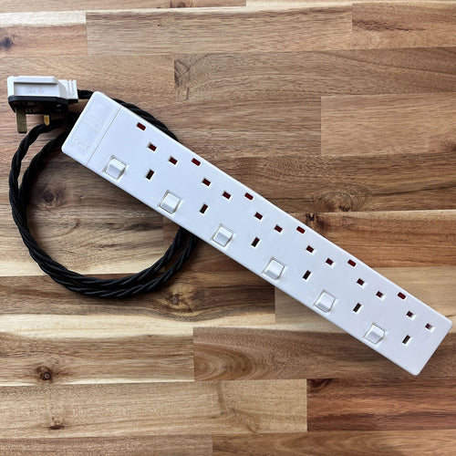 Black / Grey / White Braided Fabric Decorative Extension Lead - White 6 Gang Switched Trailing Socket
