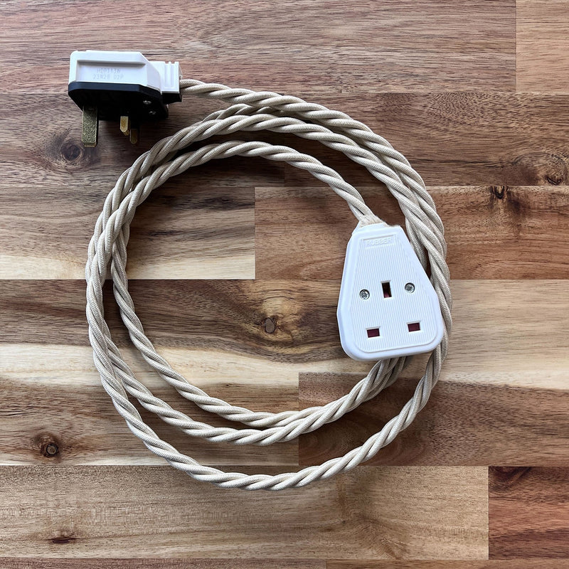 Cream / Linen Braided Fabric Decorative Extension Lead - White 1 Gang Trailing Socket