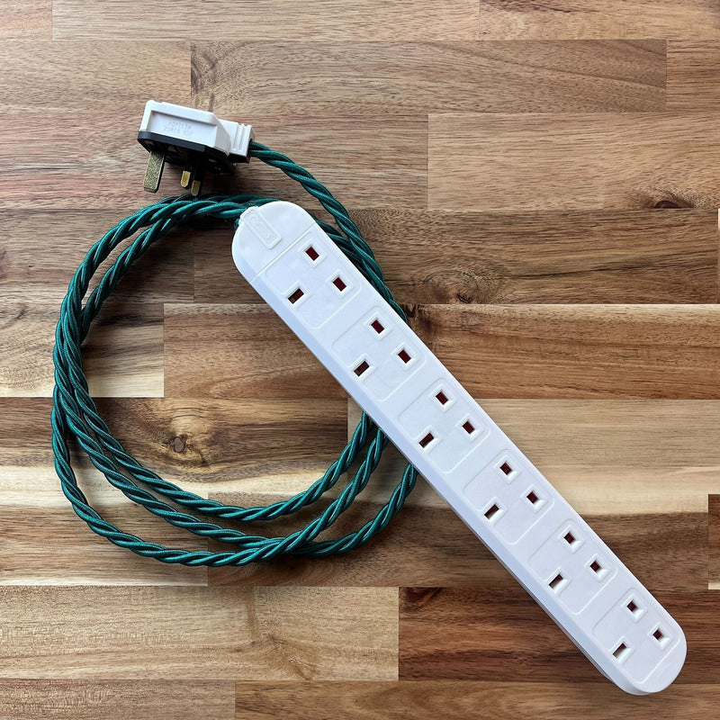 Green Braided Fabric Decorative Extension Lead - White 6 Gang Trailing Socket