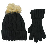 Heatwave Thermalwear Womens Black Chunky Knit Hat and Gloves Set with Faux Fur Pom Pom