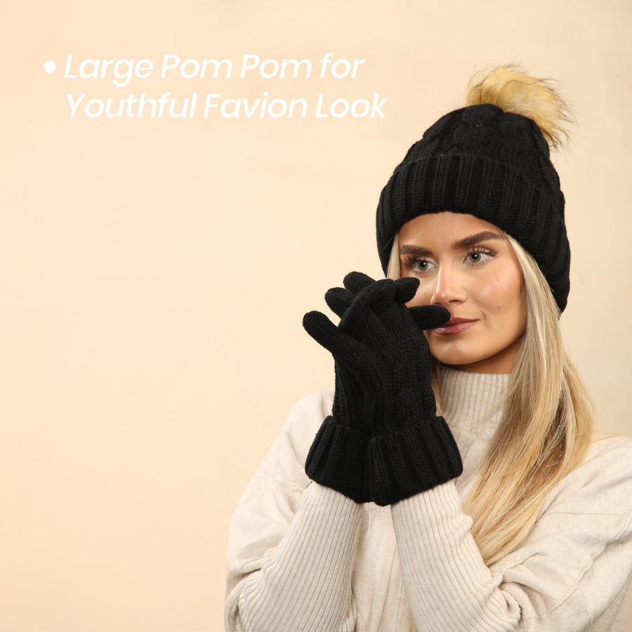 Heatwave Thermalwear Womens Black Chunky Knit Hat and Gloves Set with Faux Fur Pom Pom