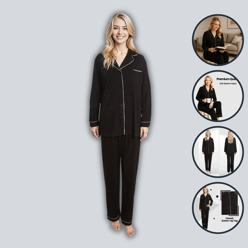 Daisy Dreamer Women's Black Pyjama Set Soft Touch Long Sleeve Button Up Top And Bottoms