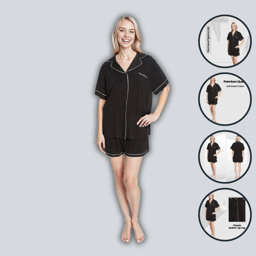 Daisy Dreamer Women's Black Short Pyjama Set Super Soft Sleepwear with Button Up Top